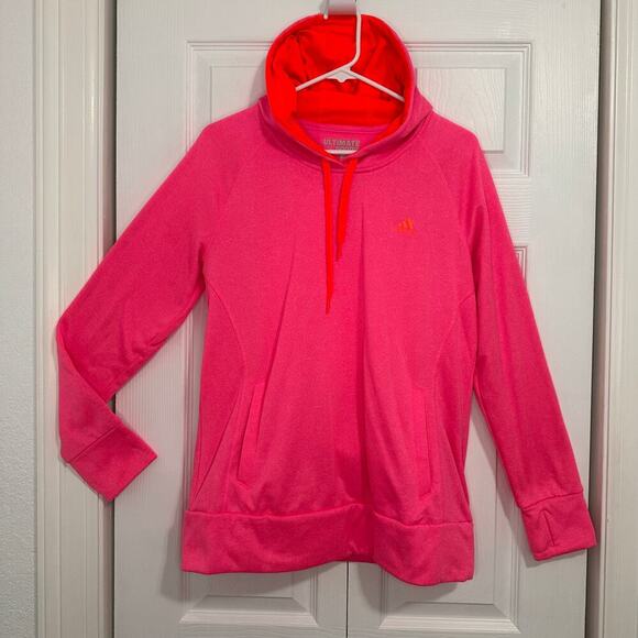 Adidas Pink Pullover Drawstring Hoodie Thumb Holes Women Size L - Picture 1 of 7